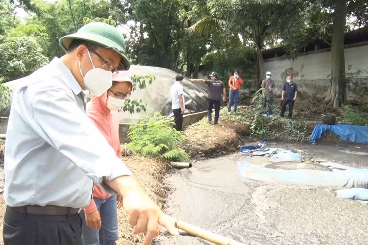 Đoàn kiểm tra môi trường về chăn nuôi của UBND huyện kiểm tra hệ thống xử lý nước thải của một trang trại chă nuôi tại xã Lộ 25.