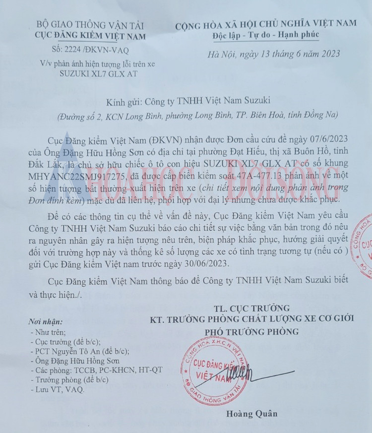 Cục Đăng kiểm Việt Nam có văn bản số 2224/2023 yêu cầu Công ty TNHH Việt Nam Suzuki báo cáo chi tiết sự việc.
