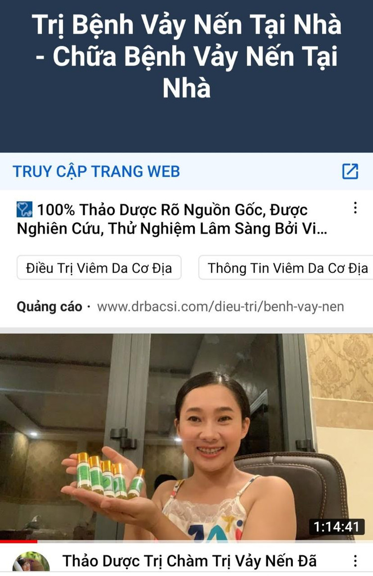 Quảng cáo thảo dược trị vảy nến trên Youtube