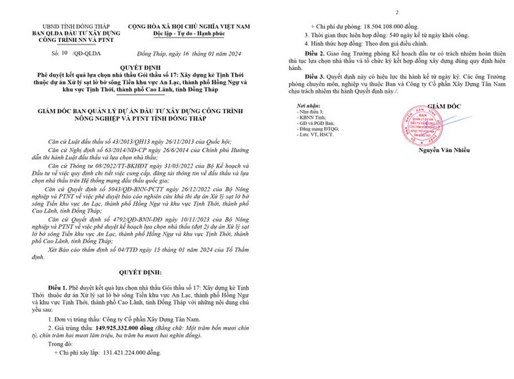 Trích Quyết định số 10/QĐ-QLDA phê duyệt cho Công ty CP Xây Dựng Tân Nam trúng thầu (Nguồn MSC)