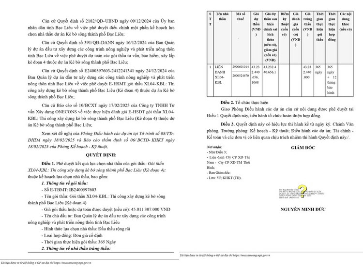 Trích quyết định số KQ2400597603_2502191635 phê duyệt cho Liên danh XL04-KBL (Công ty CP Xây dựng Tân Nam- Công ty Cổ phần Xây dựng Thương mại Thới Bình) trúng thầu (Nguồn MSC)