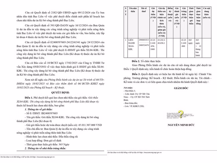 Trích quyết định số KQ2400597603_2502191635 phê duyệt cho Liên danh XL04-KBL (Công ty CP Xây dựng Tân Nam- Công ty Cổ phần Xây dựng Thương mại Thới Bình) trúng thầu (Nguồn MSC)