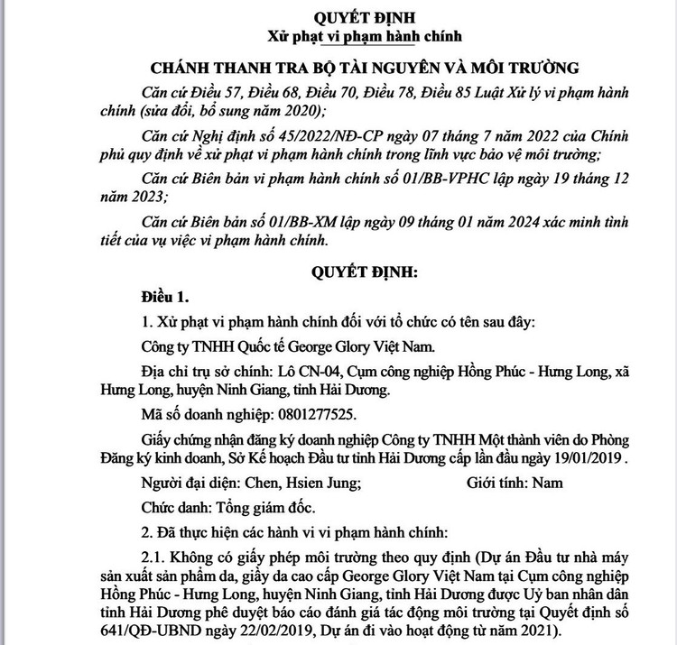 Quyết định xử phạt Công ty TNHH Quốc tế George Glory Việt Nam.
