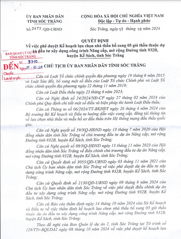 KHLCNT số 2477/QĐ-UBND được UBND tỉnh Sóc Trăng phê duyệt ngày 17/10/2024. Nguồn MSC