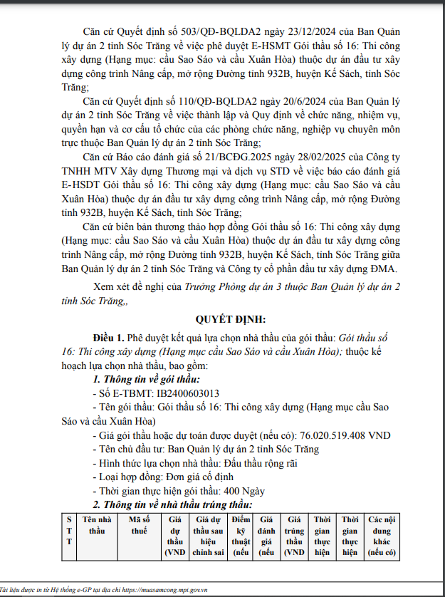 Quyết định KQ2400603013_2503110920 ngày 11/03 công nhận kết quả trúng thầu Gói thầu số 16: Thi công xây dựng (Hạng mục cầu Sao Sáo và cầu Xuân Hòa) thuộc dự án Nâng cấp, mở rộng Đường tỉnh 932B, huyện Kế Sách, tỉnh Sóc Trăng. Nguồn MSC