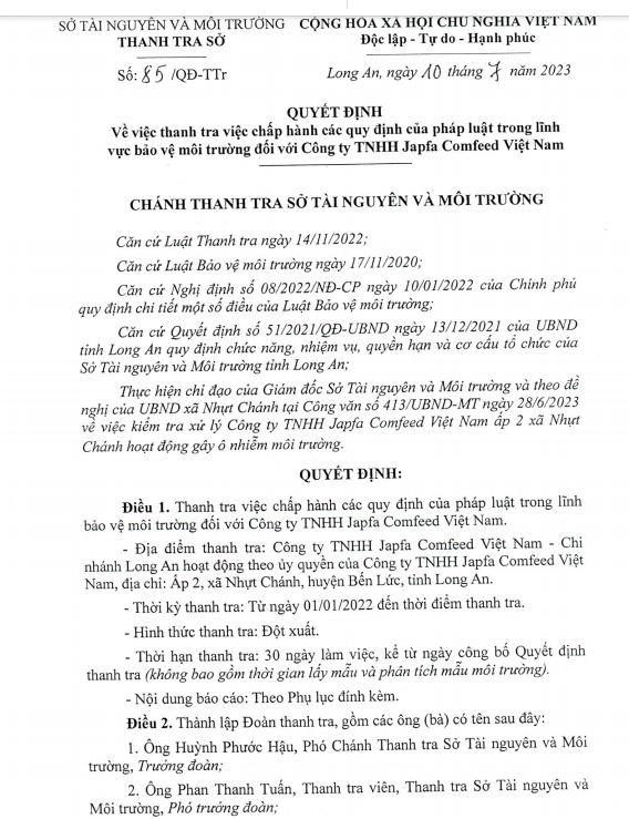 Thanh tra Sở TN&amp;MT tỉnh Long An vừa công bố kết luận thanh tra về việc chấp hành các quy định của pháp luật trong lĩnh vực bảo vệ môi trường đối với Công ty TNHH Japfa Comfeed Việt Nam - Chi nhánh Long An.