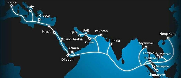 Sơ đồ tuyến cáp quang biển asia Africa Europe 1 (AAE-1). Ảnh: Telecomreviewasia