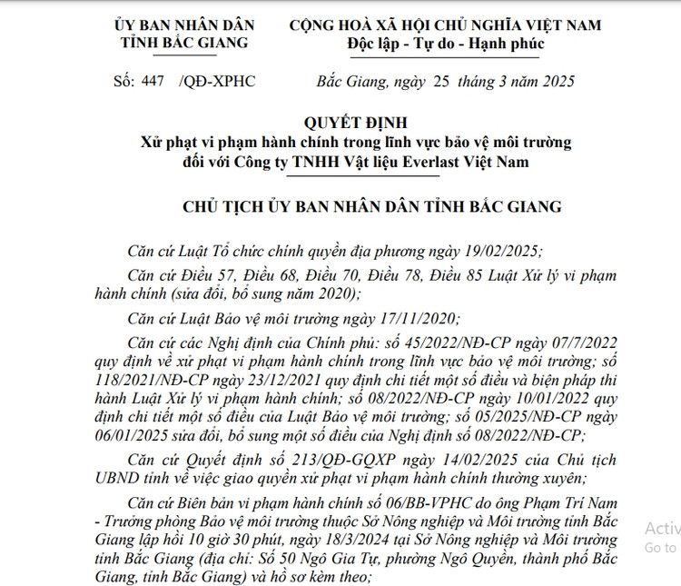 Quyết định xử phạt đối với Công ty TNHH Vật liệu Everlast Việt Nam. Ảnh chụp màn hình
