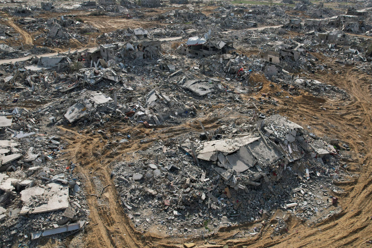 A drone view shows destroyed houses in Rafah in the southern Gaza Strip