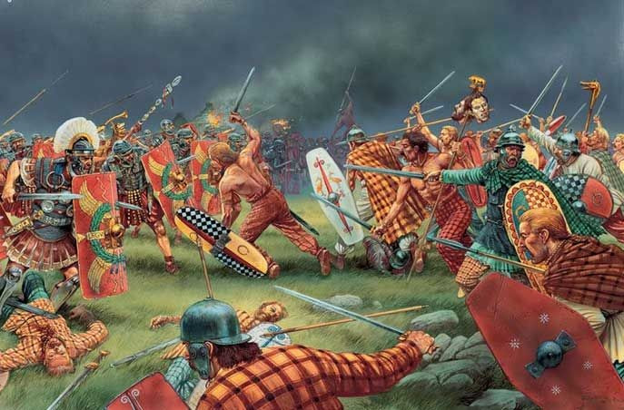 Ưu thế về chiến thuật của La Mã. Quân La Mã sử dụng đội hình đồng bộ, trang bị vũ khí vượt trội, tạo lợi thế lớn trước lực lượng đông đảo nhưng thiếu tổ chức của Caledonia. Ảnh: Pinterest.