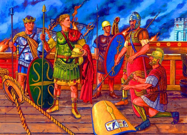 Cleopatra rút lui giữa trận. Khi trận chiến căng thẳng, Cleopatra bất ngờ rút thuyền Ai Cập khỏi chiến trường, khiến Antony hỗn loạn và thất thế. Ảnh: Pinterest.