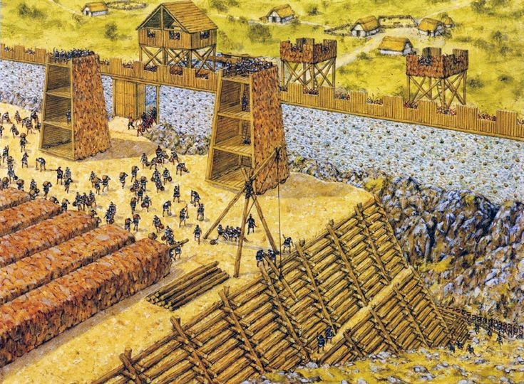 6. Tường thành bị phá bằng tháp công thành. Alexander xây dựng các tháp công thành di động cao bằng tường thành Tyre, mang theo máy bắn đá và cung thủ để phá tường và áp sát thành. Ảnh: Pinterest.