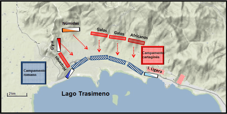 2. Địa điểm chiến lược bên hồ Trasimene. Hannibal chọn vùng bờ hồ hẹp với đồi núi bao quanh để giăng bẫy quân La Mã. Ảnh: Pinterest.