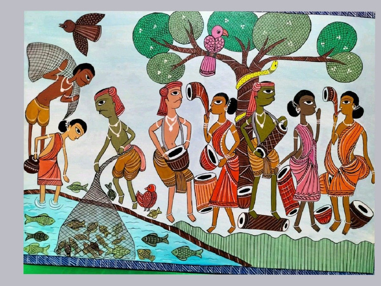 Văn hóa truyền miệng rất phong phú. Trước khi chữ viết Ol Chiki trở nên phổ biến, nhiều truyền thuyết, câu chuyện và bài hát của người Santal được lưu truyền qua hình thức truyền miệng qua nhiều thế hệ. Những câu chuyện này thường kể về nguồn gốc dân tộc, thiên nhiên và các vị thần trong tín ngưỡng truyền thống. Ảnh: Pinterest.