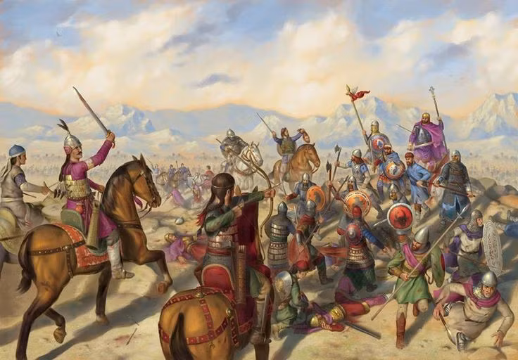 Trận Manzikert (1071). Kỵ binh Seljuk với chiến thuật đánh nhanh rút gọn đã khiến quân Byzantine rơi vào hỗn loạn, mở đường cho người Thổ Nhĩ Kỳ kiểm soát phần lớn Tiểu Á. Ảnh: Pinterest.