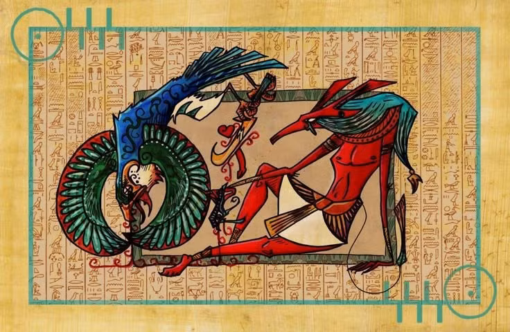 8. Horus giành chiến thắng và lên ngôi. Sau nhiều thử thách, các vị thần công nhận Horus là người kế vị chính đáng của Osiris, đưa Ai Cập trở lại trật tự thần thánh. Ảnh: Pinterest.