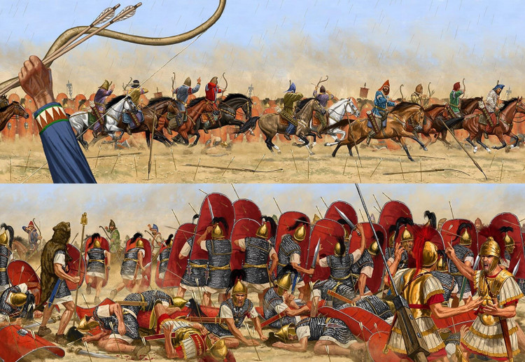 2. Kỵ binh Parthia nghiền nát đội hình La Mã. Người Parthia sử dụng hai loại kỵ binh hiệu quả: kỵ cung cơ động cao và kỵ binh giáp nặng cataphract, phá tan đội hình testudo (mai rùa) lừng danh của La Mã bằng mưa tên và đòn tấn công bất ngờ. Ảnh: Pinterest.