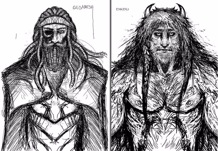 Cuộc đối đầu định mệnh. Trong thần thoại Lưỡng Hà, trận chiến giữa Gilgamesh và Enkidu không chỉ là xung đột thể chất mà còn là bước ngoặt thay đổi số phận của cả hai. Ảnh: Pinterest.