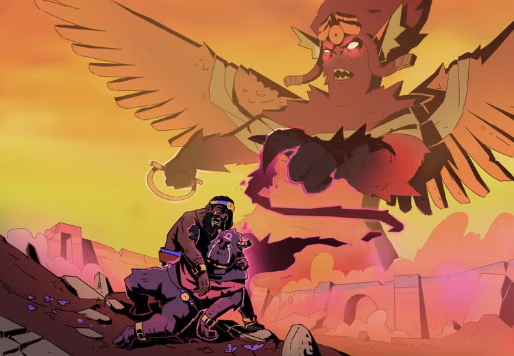 Từ đối thủ thành tri kỷ. Sau trận chiến, Gilgamesh và Enkidu trở thành bạn thân thiết, cùng nhau thực hiện những hành trình phiêu lưu vĩ đại trong sử thi. Ảnh: artstation.com.