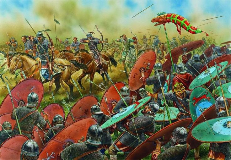 1. Cuộc đối đầu giữa người La Mã và liên minh Hung Nô. Trận đánh là cuộc đụng độ giữa liên minh La Mã phương Tây dưới sự chỉ huy của Aetius cùng người Visigoth chống lại đạo quân của Attila người Hung Nô. Ảnh: Pinterest.