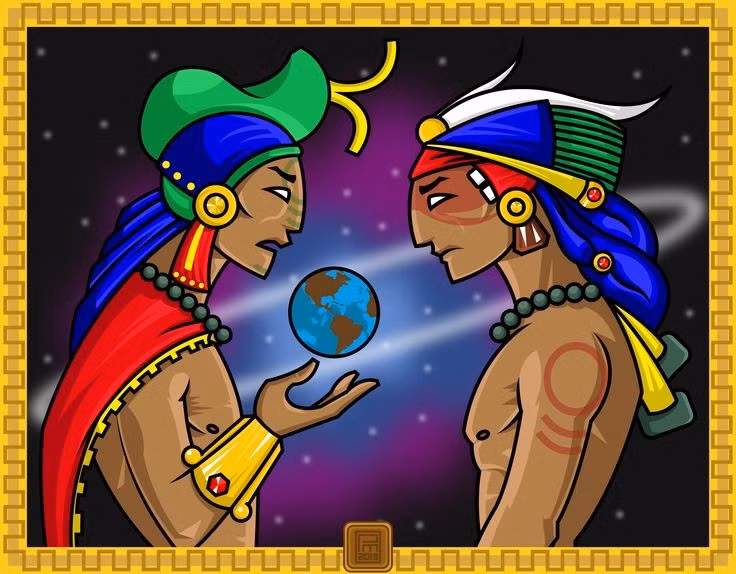 Hai anh hùng Hunahpú và Xbalanqué là nhân vật trung tâm. Họ chiến đấu với các vị thần chết và tượng trưng cho chiến thắng của ánh sáng. Ảnh: Pinterest.