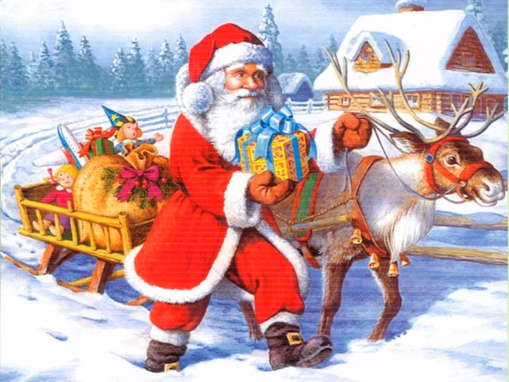 Bài thơ năm 1823 định hình hình ảnh ông già Noel. Tác phẩm “A Visit from St. Nicholas” mô tả Santa mũ đỏ, thân hình tròn trịa và xe kéo tuần lộc, tạo khuôn mẫu cho biểu tượng hiện đại. Ảnh: Pinterest.