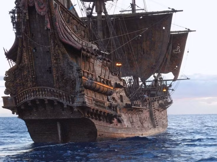 Tàu chiến của ông từng là nỗi kinh hoàng trên biển. Con tàu nổi tiếng của Blackbeard là “Sự trả thù của Nữ hoàng Anne” (Queen Anne's Revenge), một tàu buôn Pháp bị ông chiếm và cải tạo thành tàu cướp biển với khoảng 40 khẩu pháo. Con tàu này giúp ông kiểm soát nhiều vùng biển và thu được nhiều chiến lợi phẩm. Ảnh: Pinterest.