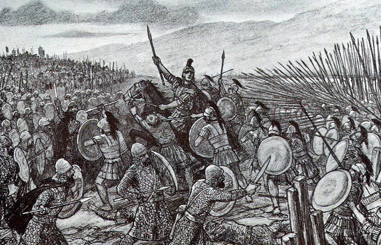 3. Chiến thuật “phalanx” vượt trội. Philip II sử dụng đội hình phalanx với giáo dài sarissa, giúp quân Macedonia giữ khoảng cách và áp đảo đối phương trong cận chiến. Ảnh: tanguay.info.