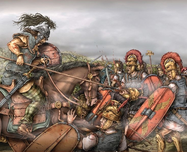 Lực lượng Caledonia do Calgacus lãnh đạo. Thủ lĩnh Calgacus được Tacitus mô tả là một nhà hùng biện tài năng, đại diện cho tinh thần tự do của các bộ tộc. Ảnh: Pinterest.