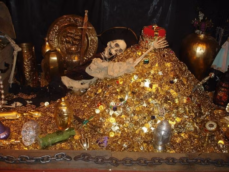 Không tìm thấy kho báu lớn trong xác tàu. Dù nhiều hiện vật được khai quật từ xác tàu, các nhà khảo cổ không phát hiện kho vàng hay châu báu khổng lồ như trong truyền thuyết. Điều này khiến nhiều người tin rằng nếu kho báu tồn tại, nó có thể đã được giấu ở nơi khác. Ảnh: Pinterest.