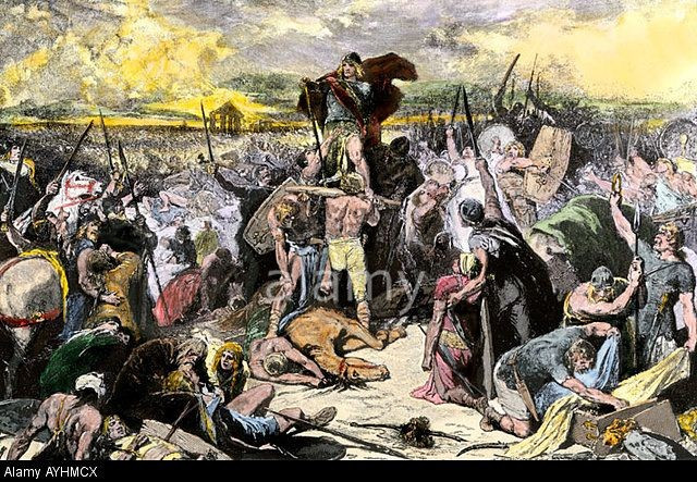 5. Cái chết của vua Theodoric I của Visigoth. Vị vua già của Visigoth tử trận trong khi chiến đấu, nhưng con trai ông – Thorismund – đã tiếp tục chiến đấu và góp phần quyết định vào chiến thắng của liên quân. Ảnh: Pinterest.