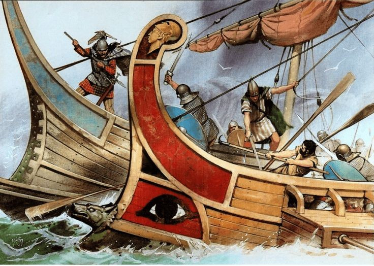 Gió thuận chiều giúp La Mã chiếm ưu thế. Thời tiết khắc nghiệt và hướng gió bất lợi khiến Carthage khó điều khiển tàu chiến nặng. Ảnh: Pinterest.