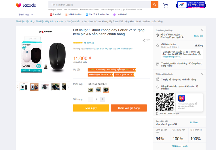 Chuột không dây Forter V181 tặng kèm pin AA bảo hành chính hãng được rao bán với giá chỉ 11.000đ trên trang thương mại điện tử Lazada.