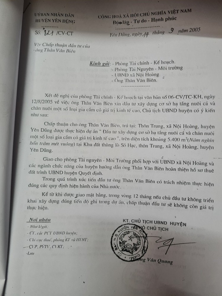 Văn bản của UBND huyện Yên Dũng chấp thuận chủ trương đầu tư nuôi trồng thủy sản và chăn nuôi một số loại gia cầm có giá trị kinh tế cao đối với hộ ông Thân Văn Biên tại khu Thùng Lò Só Hạc Văn bản của UBND huyện Yên Dũng chấp thuận chủ trương đầu tư nuôi trồng thủy sản và chăn nuôi một số loại gia cầm có giá trị kinh tế cao đối với hộ ông Thân Văn Biên tại khu Thùng Lò Só Hạc