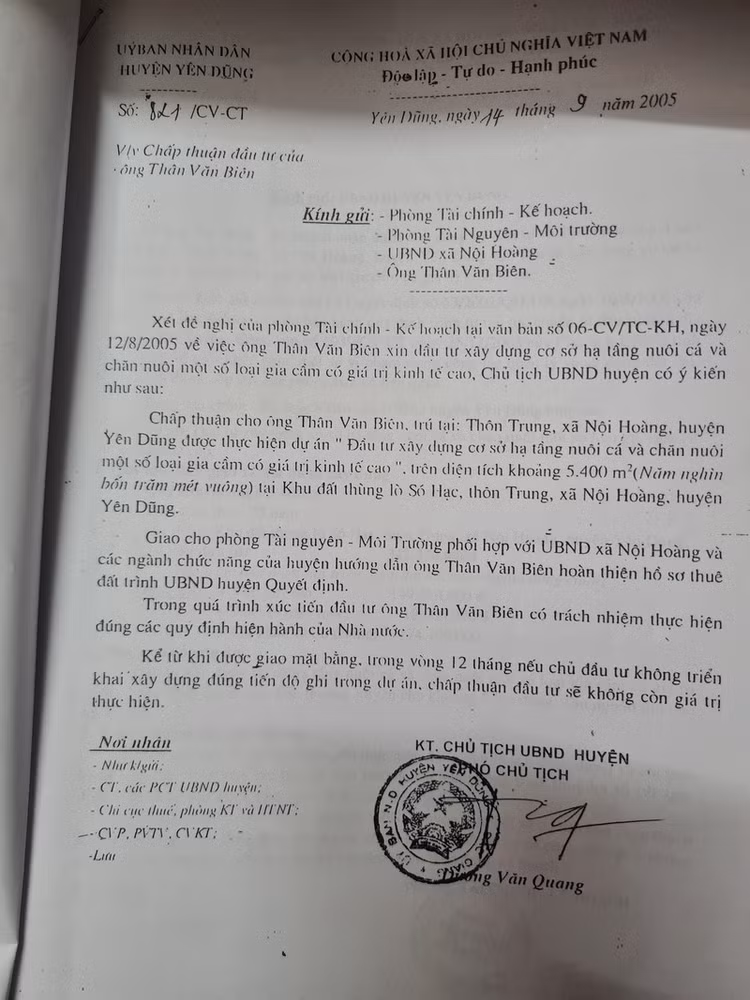 Văn bản của UBND huyện Yên Dũng chấp thuận chủ trương đầu tư nuôi trồng thủy sản và chăn nuôi một số loại gia cầm có giá trị kinh tế cao đối với hộ ông Thân Văn Biên tại khu Thùng Lò Só Hạc