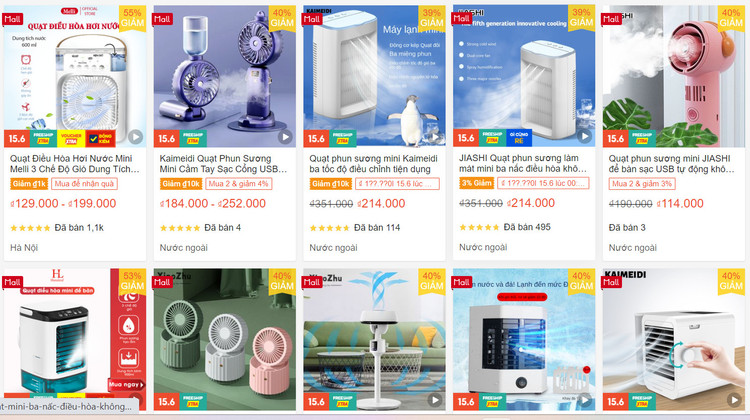 Đa dạng các loại quạt được bán trên các sàn thương mại điện tử