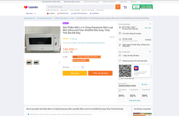 Trang thương mại điện tử Lazada chào bán “Sản phẩm mới lò vi sóng Panasonic mini loại nhỏ 20lnn-sm31mw Sm2000 đĩa xoay thủy tinh đĩa đỡ đáy” với giá 140.000 đồng.