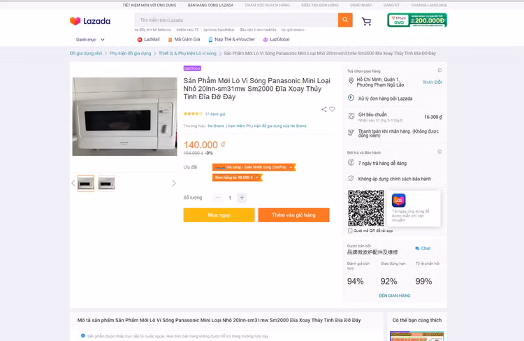 Trang thương mại điện tử Lazada chào bán “Sản phẩm mới lò vi sóng Panasonic mini loại nhỏ 20lnn-sm31mw Sm2000 đĩa xoay thủy tinh đĩa đỡ đáy” với giá 140.000 đồng. Trang thương mại điện tử Lazada chào bán “Sản phẩm mới lò vi sóng Panasonic mini loại nhỏ 20lnn-sm31mw Sm2000 đĩa xoay thủy tinh đĩa đỡ đáy” với giá 140.000 đồng.