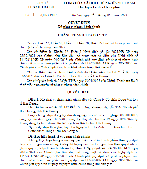 Quyết định xử phạt vi phạm hành chính đối với Công ty Cổ phần Dược Vật tư y tế Hải Dương