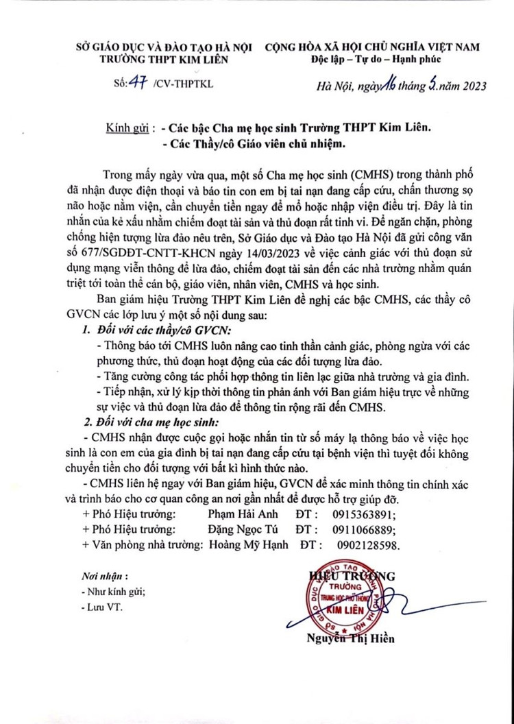 Thông báo của trường THPT Kim Liên về các cuộc gọi lừa đảo của phụ huynh trong trường