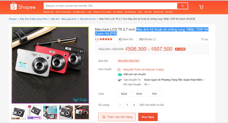 Chú thích ảnh: Máy ảnh KTS chống rung 18Mp 720P 8X Zoom Hd (P/6) được rao bán trên Shopee giá 506.300 đồng đến 507.500 đồng.