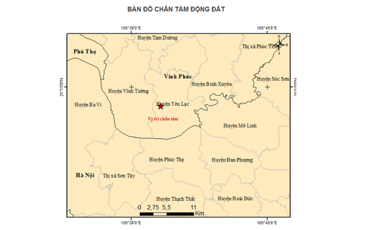 Vị trí tâm chấn xảy ra trận động đất sáng nay ở Vĩnh Phúc .Ảnh: Viện Vật lý Địa cầu