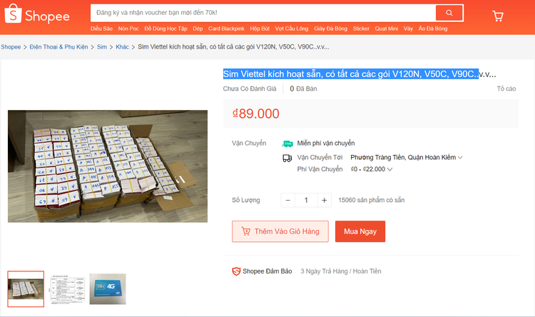 SIM Viettel kích hoạt sẵn, có tất cả các gói V120N, V50C, V90C… giá bán chỉ 89.000đ được rao bán trên trang Shopee.