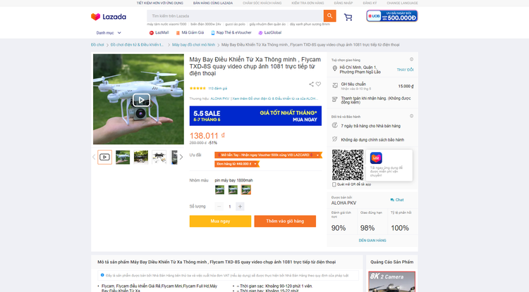 Flycam TXD-8S quay video chụp ảnh 1081 trực tiếp từ điện thoại được rao bán trên Lazada với giá 138.000 đồng.