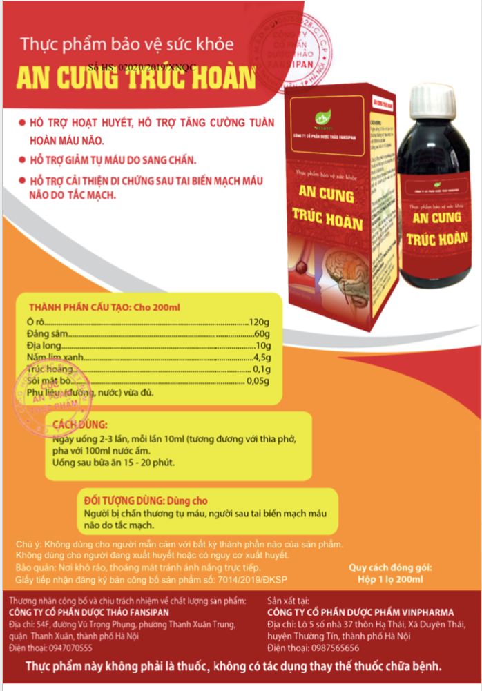 TPBVSK An Cung Trúc Hoàn quảng cáo là thuốc trị tai biến mạch máu não trên Website