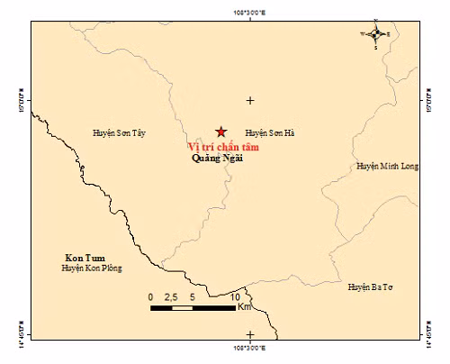 Bản đồ tâm chấn động đất tại Quảng Ngãi. Ảnh: Viện Vật lý Địa cầu.