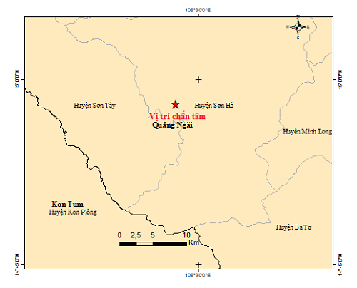 Bản đồ tâm chấn động đất tại Quảng Ngãi. Ảnh: Viện Vật lý Địa cầu.