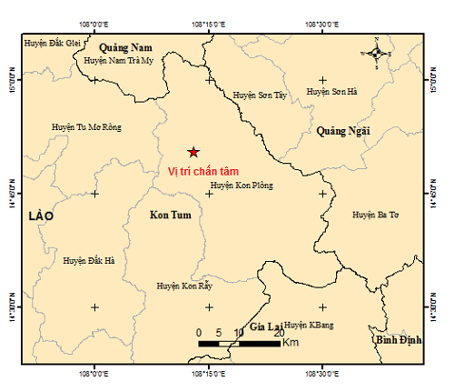 Bản đồ tâm chấn động đất tại Kon Tum. Ảnh: Viện Vật lý Địa cầu.