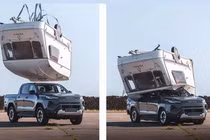 Bán tải Toyota Hilux điện bị xe caravan 760kg rơi trúng nóc vẫn an toàn