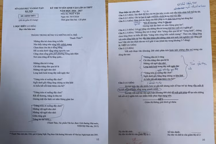 Đề thi môn Ngữ văn kỳ thi lớp 10 Hà Nội sáng 30/5